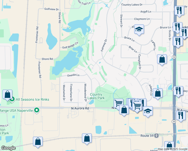 map of restaurants, bars, coffee shops, grocery stores, and more near 2365 Overlook Court in Naperville