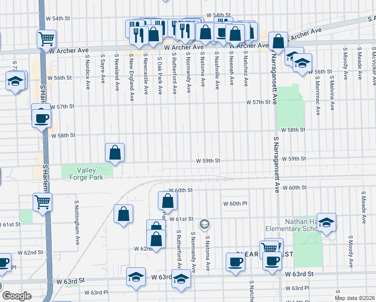 map of restaurants, bars, coffee shops, grocery stores, and more near 5838 South Normandy Avenue in Chicago