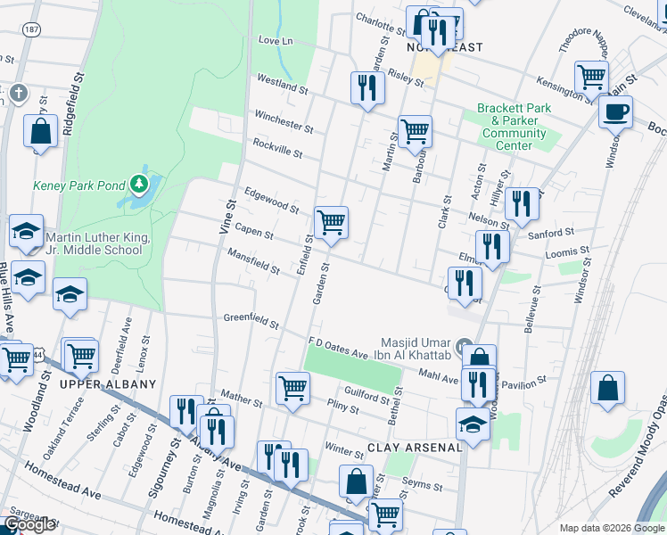 map of restaurants, bars, coffee shops, grocery stores, and more near 195 Capen Street in Hartford