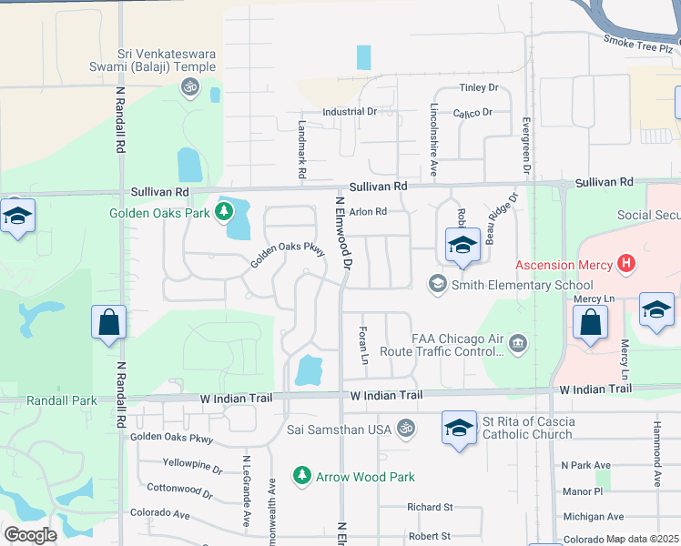 map of restaurants, bars, coffee shops, grocery stores, and more near 1396 North Elmwood Drive in Aurora