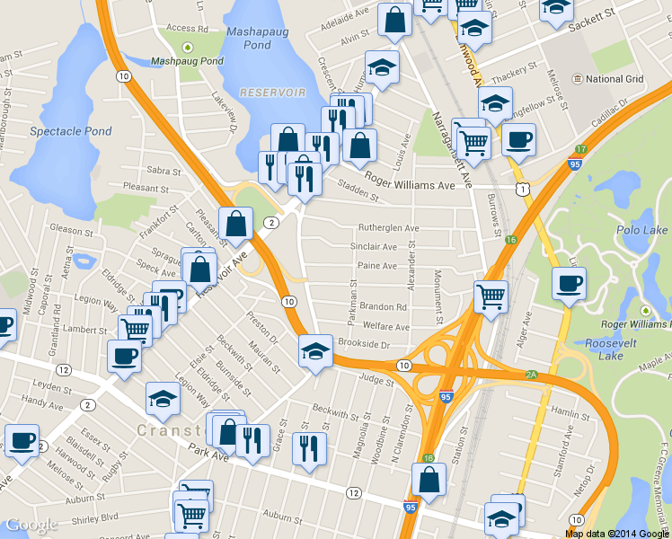 map of restaurants, bars, coffee shops, grocery stores, and more near 31 Paine Avenue in Cranston