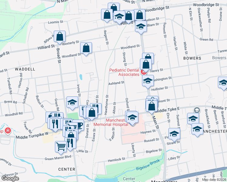map of restaurants, bars, coffee shops, grocery stores, and more near 73 South Alton Street in Manchester