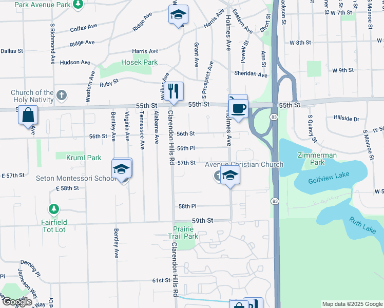 map of restaurants, bars, coffee shops, grocery stores, and more near 729 56th Place in Clarendon Hills
