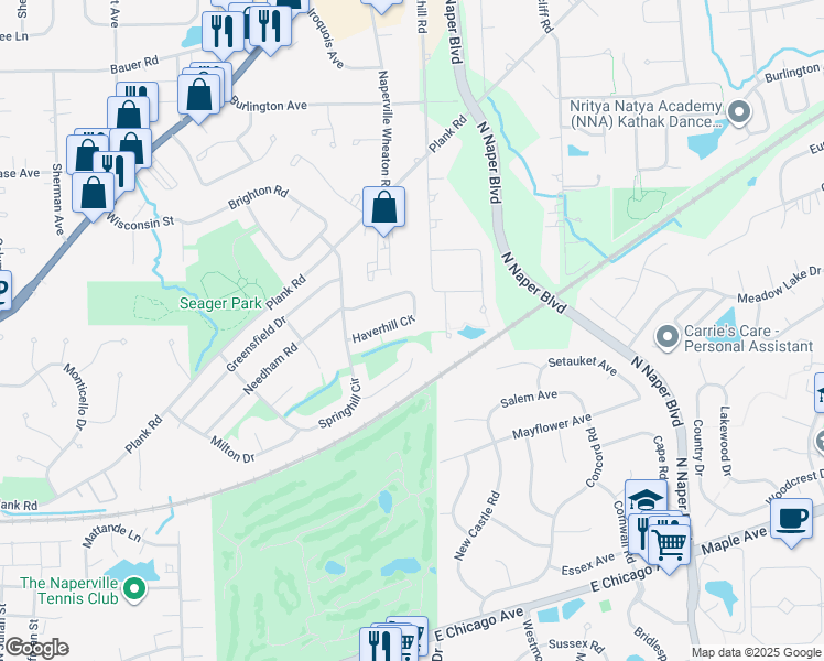 map of restaurants, bars, coffee shops, grocery stores, and more near 1286 Haverhill Circle in Naperville