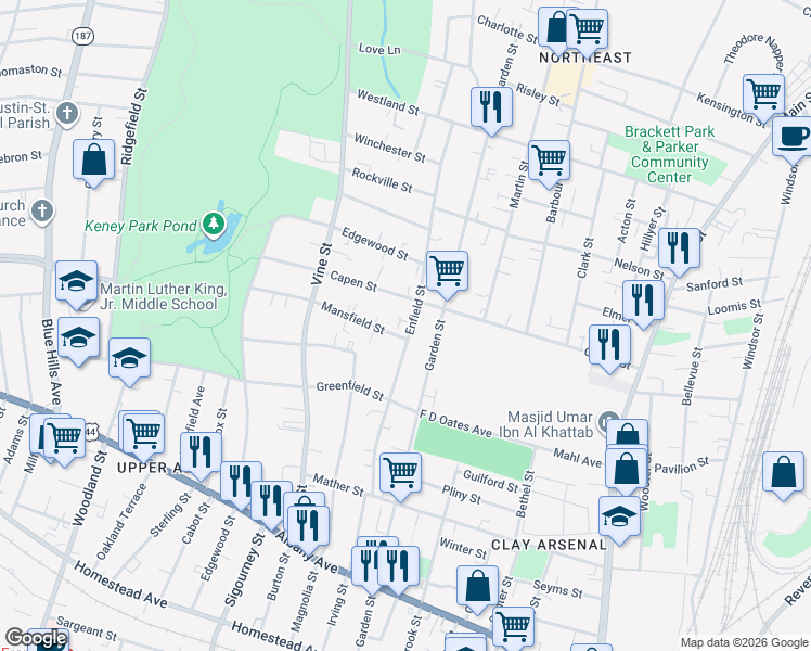 map of restaurants, bars, coffee shops, grocery stores, and more near 149 Enfield Street in Hartford