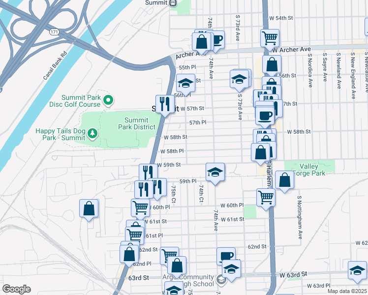 map of restaurants, bars, coffee shops, grocery stores, and more near 7500 West 58th Place in Summit