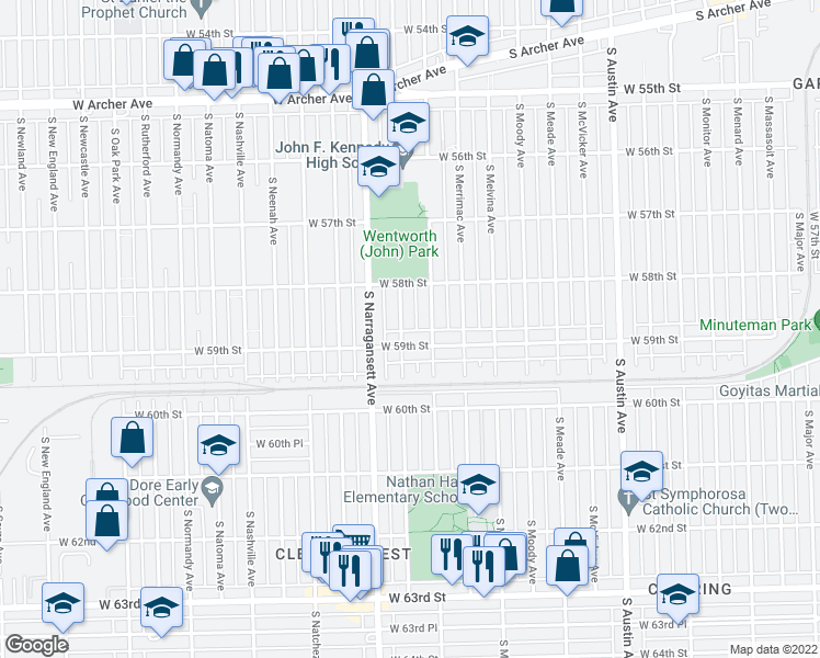 map of restaurants, bars, coffee shops, grocery stores, and more near 5843 South Mulligan Avenue in Chicago
