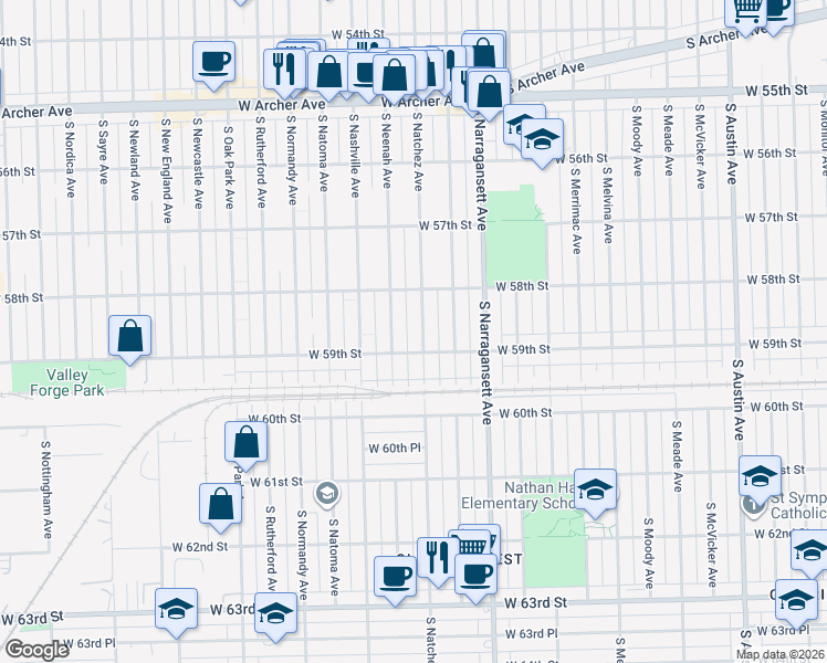map of restaurants, bars, coffee shops, grocery stores, and more near 5842 South Natchez Avenue in Chicago