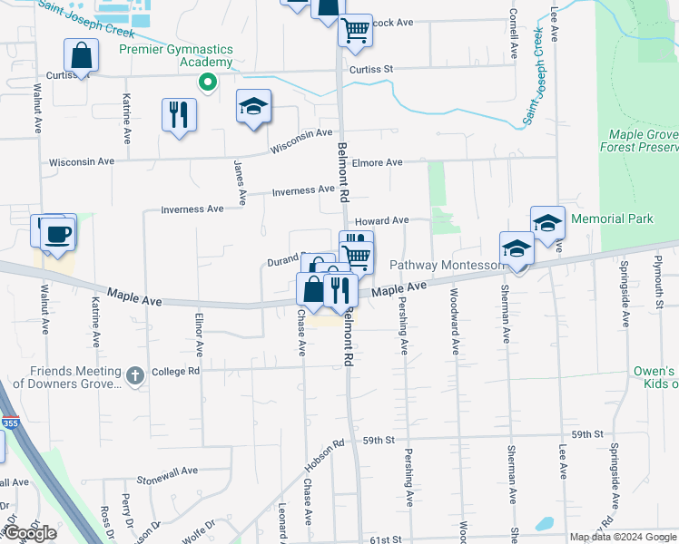 map of restaurants, bars, coffee shops, grocery stores, and more near 5520 Belmont Road in Downers Grove