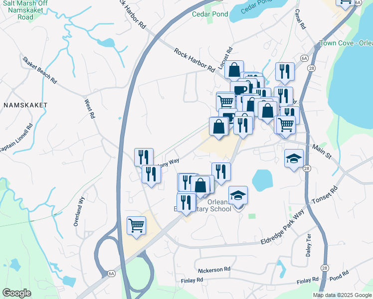 map of restaurants, bars, coffee shops, grocery stores, and more near 42 Old Colony Way in Orleans