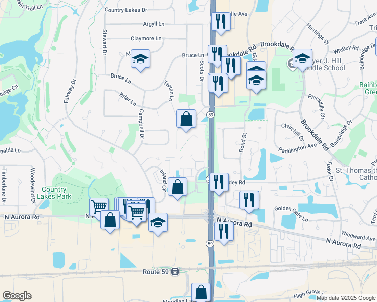 map of restaurants, bars, coffee shops, grocery stores, and more near 30W062 Capistrano Court in Naperville