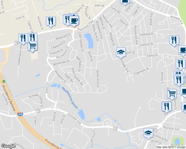 map of restaurants, bars, coffee shops, grocery stores, and more near 114 Stone Drive in Cranston