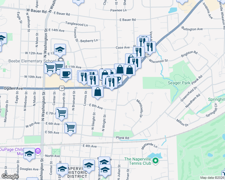 map of restaurants, bars, coffee shops, grocery stores, and more near 626 Columbia Street in Naperville