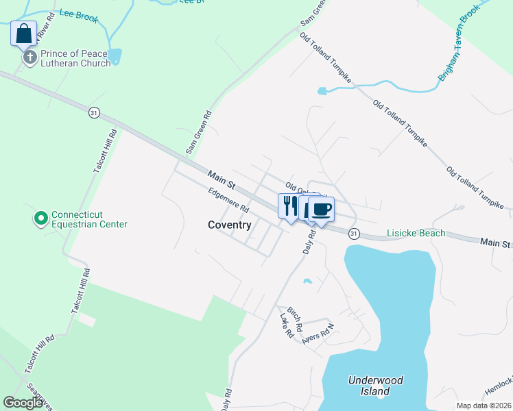 map of restaurants, bars, coffee shops, grocery stores, and more near 2517 Main Street in Coventry