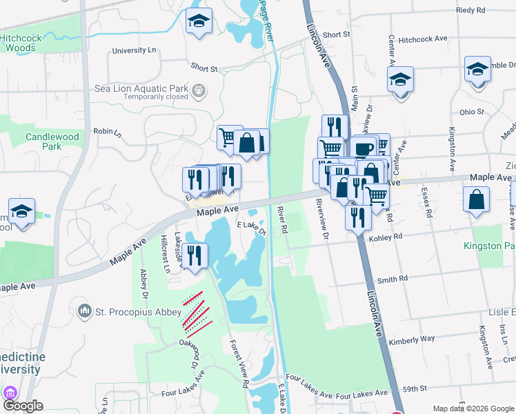 map of restaurants, bars, coffee shops, grocery stores, and more near 1615 Maple Terrace in Lisle