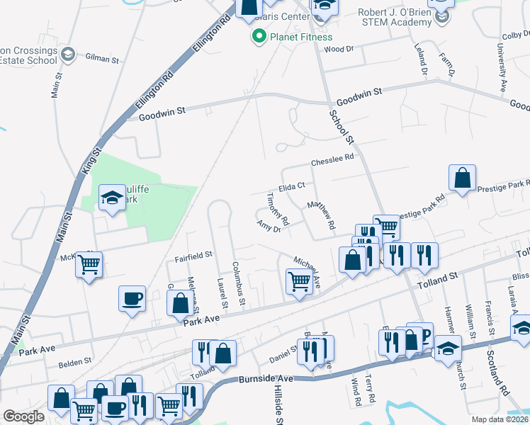 map of restaurants, bars, coffee shops, grocery stores, and more near 11 Amy Drive in East Hartford