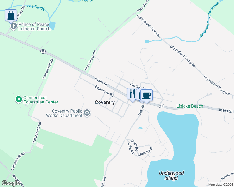 map of restaurants, bars, coffee shops, grocery stores, and more near 2517 Main Street in Coventry