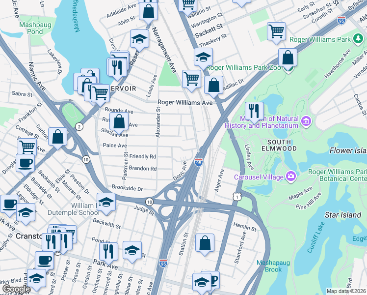 map of restaurants, bars, coffee shops, grocery stores, and more near 156 Paine Avenue in Cranston