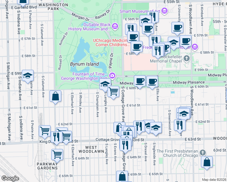 map of restaurants, bars, coffee shops, grocery stores, and more near 727 East 60th Street in Chicago