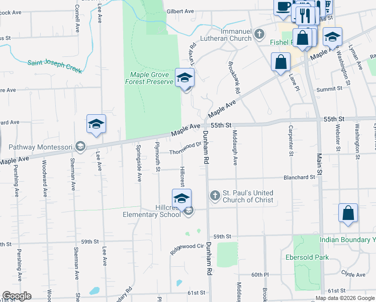 map of restaurants, bars, coffee shops, grocery stores, and more near 1429 Thornwood Drive in Downers Grove