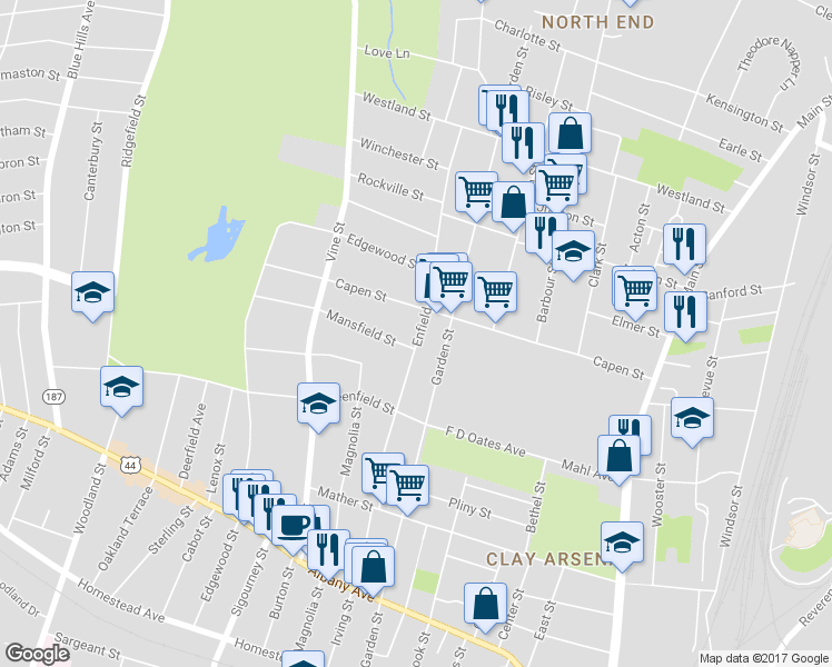 map of restaurants, bars, coffee shops, grocery stores, and more near 150 Enfield Street in Hartford