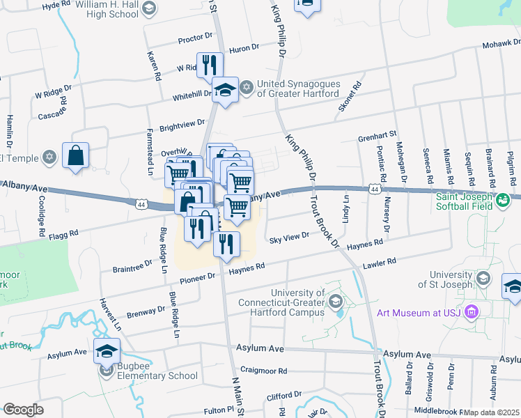 map of restaurants, bars, coffee shops, grocery stores, and more near 61 Sky View Drive in West Hartford