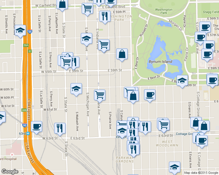 map of restaurants, bars, coffee shops, grocery stores, and more near 2275 East 60th Street in Chicago