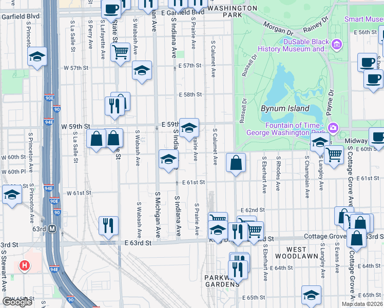 map of restaurants, bars, coffee shops, grocery stores, and more near 2275 East 60th Street in Chicago