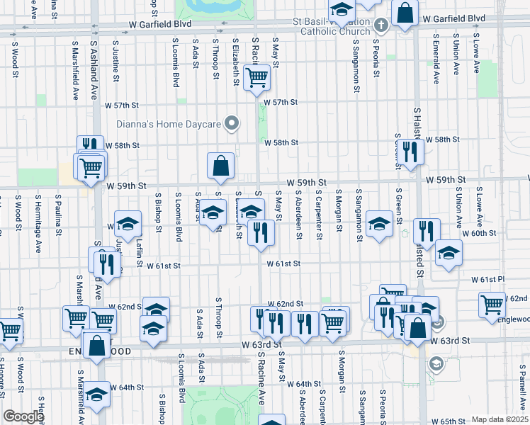map of restaurants, bars, coffee shops, grocery stores, and more near 5948 South May Street in Chicago