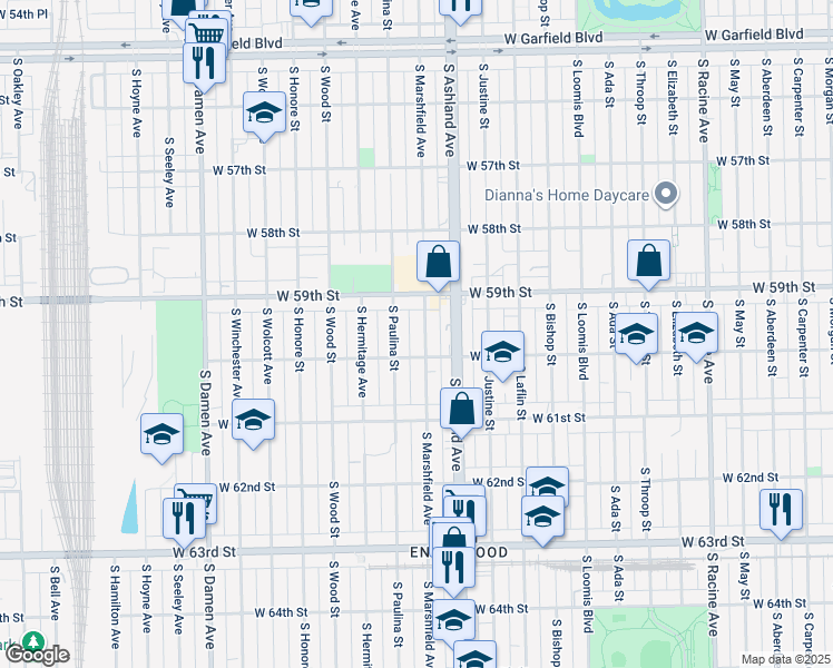 map of restaurants, bars, coffee shops, grocery stores, and more near 5940 South Marshfield Avenue in Chicago