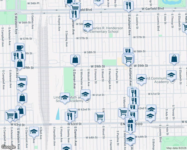 map of restaurants, bars, coffee shops, grocery stores, and more near 5938 South Honore Street in Chicago