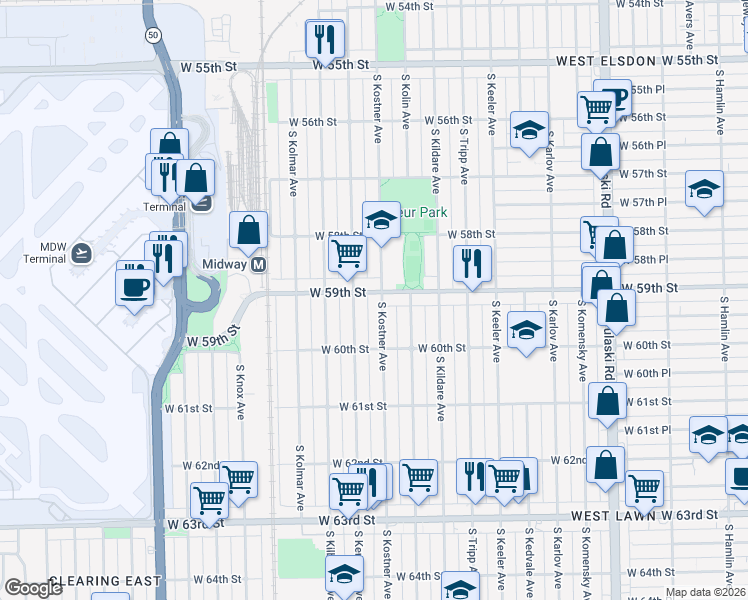 map of restaurants, bars, coffee shops, grocery stores, and more near 5911 South Kenneth Avenue in Chicago