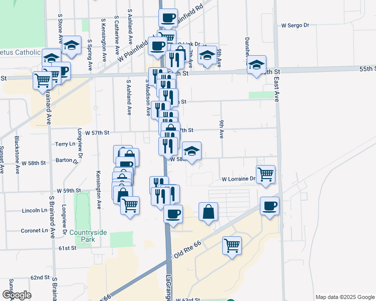 map of restaurants, bars, coffee shops, grocery stores, and more near 9912 West 58th Street in Countryside