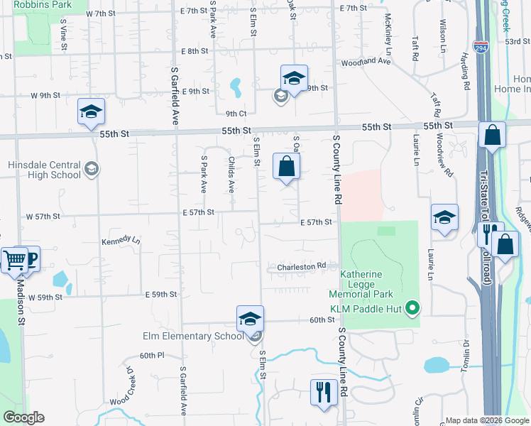 map of restaurants, bars, coffee shops, grocery stores, and more near 5705 South Elm Street in Hinsdale