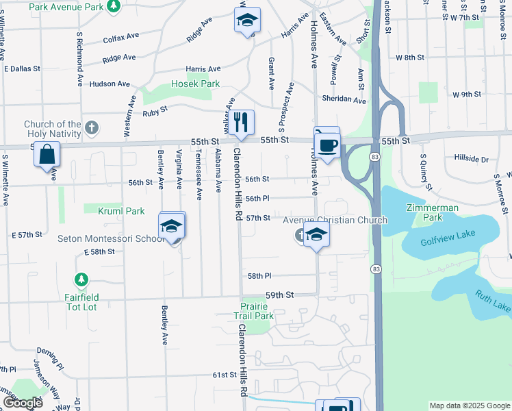 map of restaurants, bars, coffee shops, grocery stores, and more near 729 56th Place in Clarendon Hills