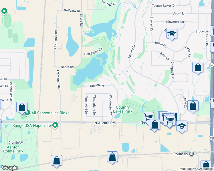 map of restaurants, bars, coffee shops, grocery stores, and more near 2412 Oneida Lane in Naperville