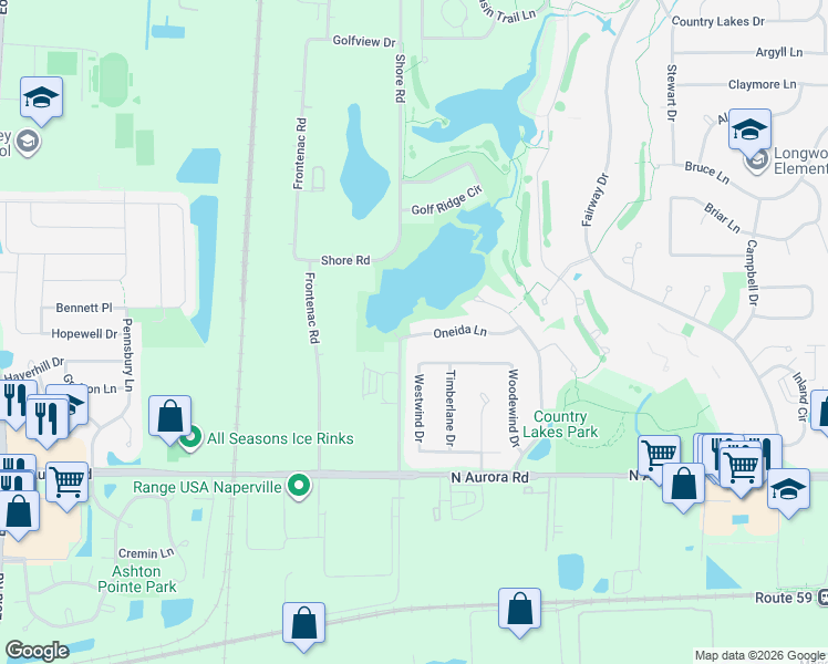 map of restaurants, bars, coffee shops, grocery stores, and more near 2530 Oneida Lane in Naperville