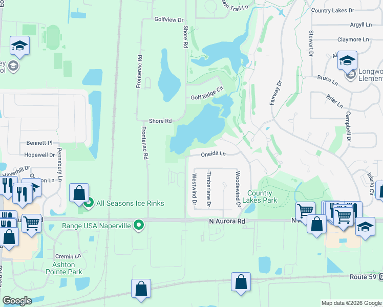 map of restaurants, bars, coffee shops, grocery stores, and more near 2530 Oneida Lane in Naperville