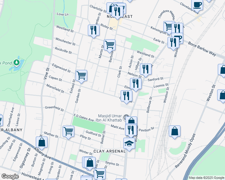 map of restaurants, bars, coffee shops, grocery stores, and more near 25 Clark Street in Hartford