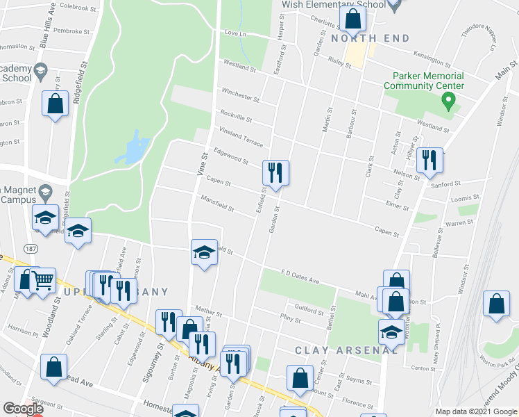 map of restaurants, bars, coffee shops, grocery stores, and more near 150 Enfield Street in Hartford