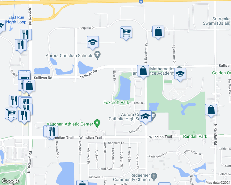 map of restaurants, bars, coffee shops, grocery stores, and more near 1463 Elder Drive in Aurora