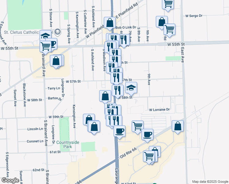 map of restaurants, bars, coffee shops, grocery stores, and more near 5720 South La Grange Road in Countryside