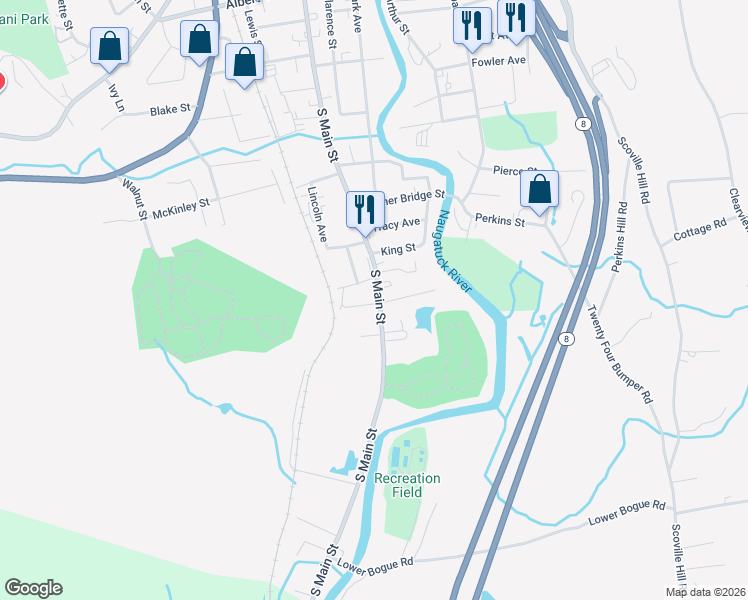 map of restaurants, bars, coffee shops, grocery stores, and more near 736 South Main Street in Torrington