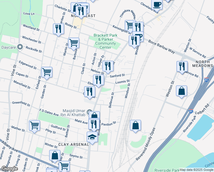 map of restaurants, bars, coffee shops, grocery stores, and more near 2280 Main Street in Hartford