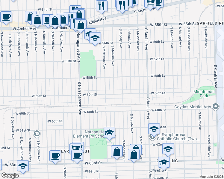 map of restaurants, bars, coffee shops, grocery stores, and more near 5844 South Melvina Avenue in Chicago