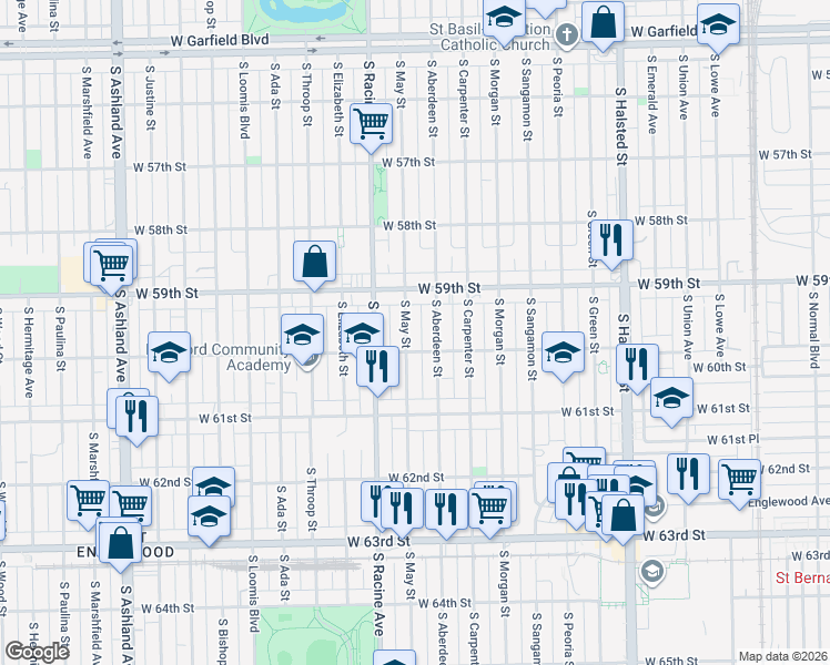 map of restaurants, bars, coffee shops, grocery stores, and more near 5950 South Aberdeen Street in Chicago