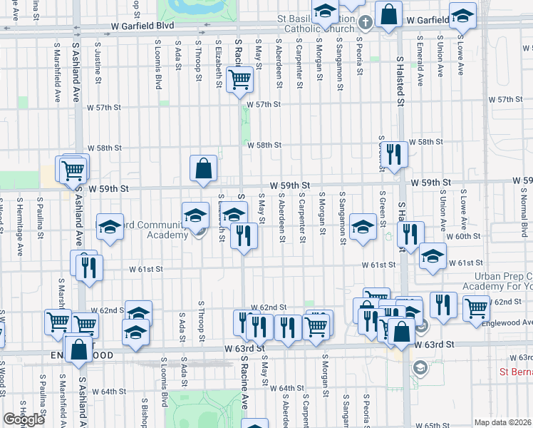 map of restaurants, bars, coffee shops, grocery stores, and more near 5943 South May Street in Chicago