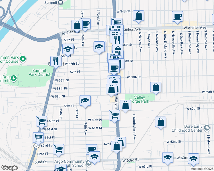 map of restaurants, bars, coffee shops, grocery stores, and more near 7228 West 58th Place in Summit