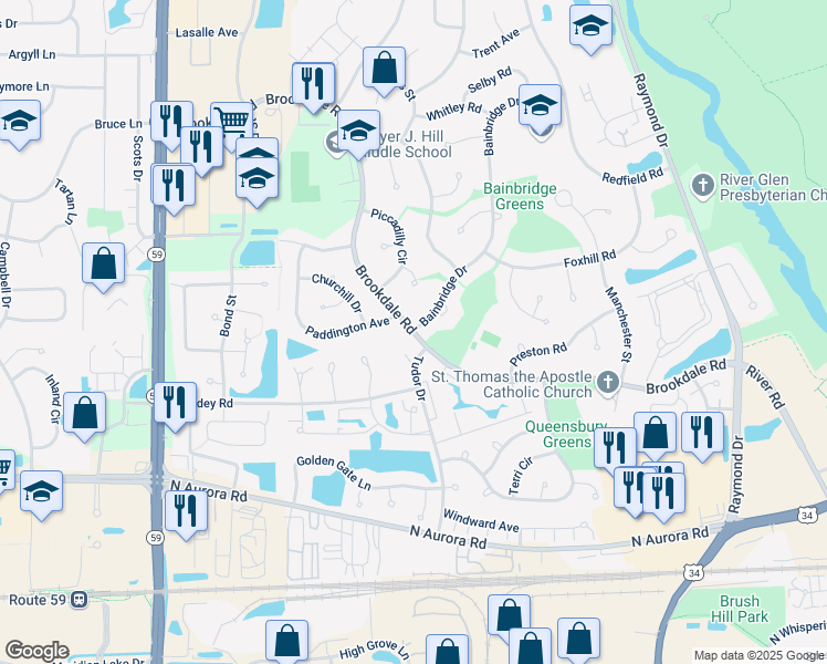 map of restaurants, bars, coffee shops, grocery stores, and more near 1655 Brookdale Road in Naperville