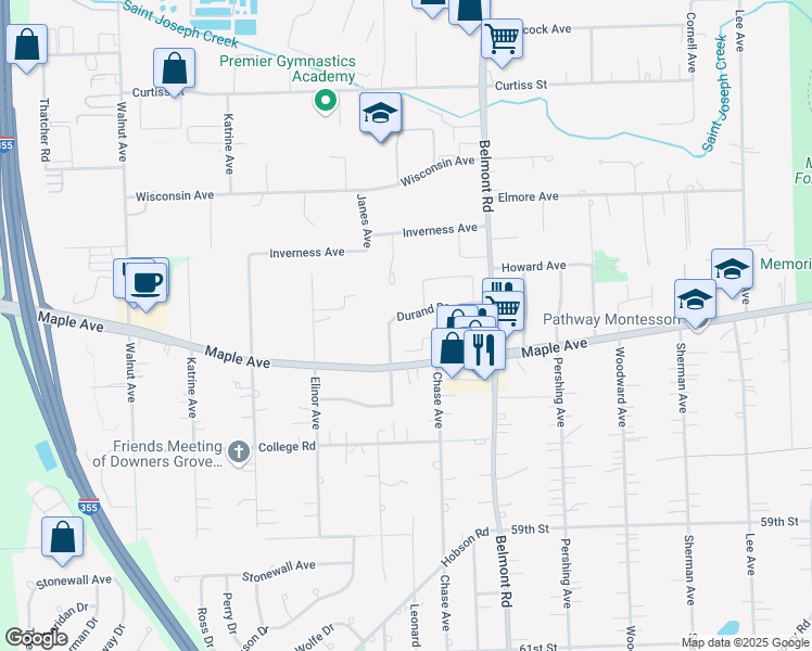 map of restaurants, bars, coffee shops, grocery stores, and more near 2321 Durand Drive in Downers Grove